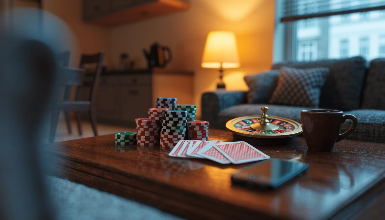 Smartphone auf Couchtisch mit Casino-Chips und Spielkarten in warmem Wohnzimmerlicht