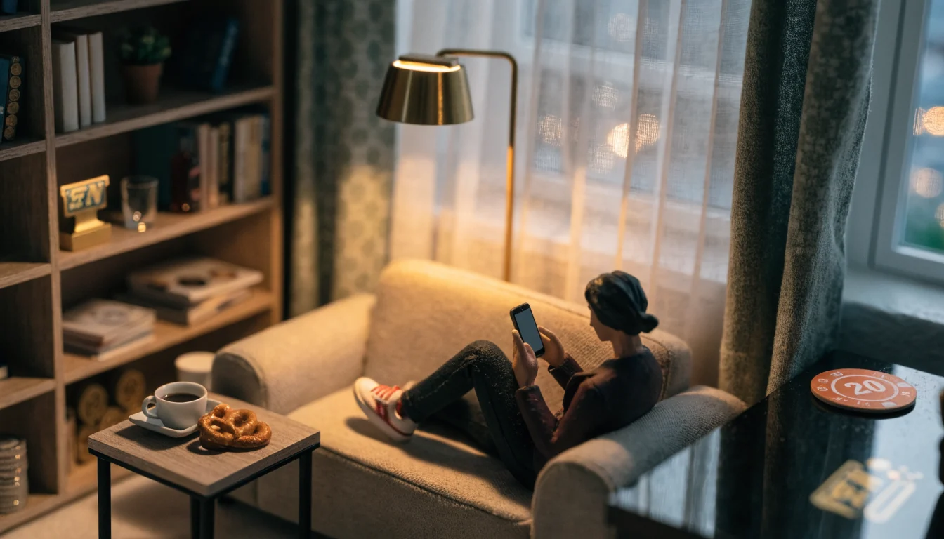 Entspannter Abend in einem deutschen Wohnzimmer mit Smartphone und Casino-Accessoires.