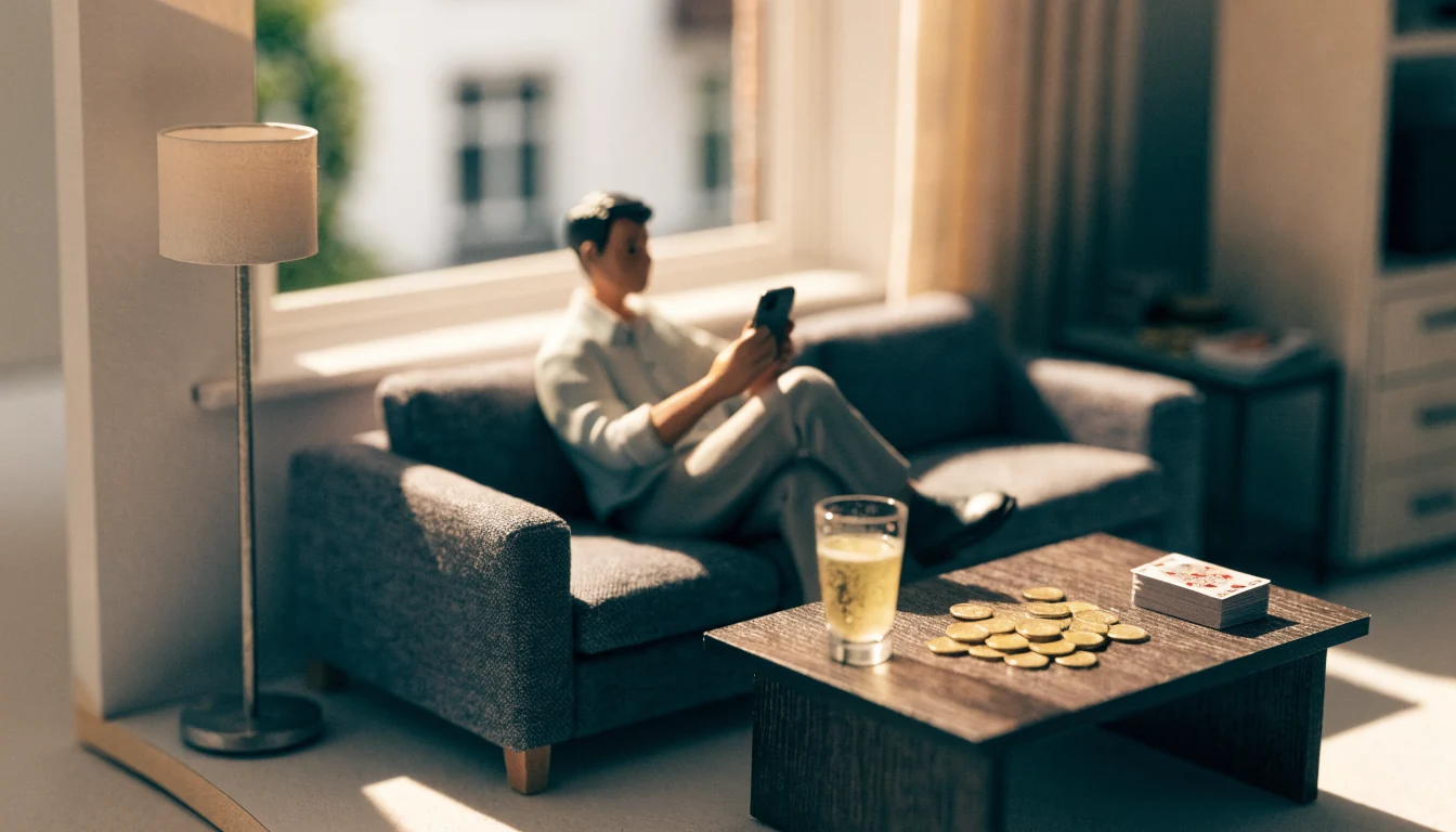 Gemütliches Wohnzimmer mit Person und Smartphone, goldene Münzen und Spielkarten auf dem Tisch