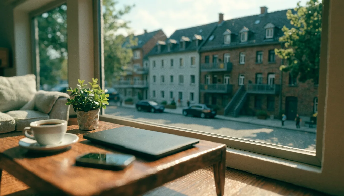 Helles deutsches Wohnzimmer mit Kaffeetasse und Laptop auf dem Tisch