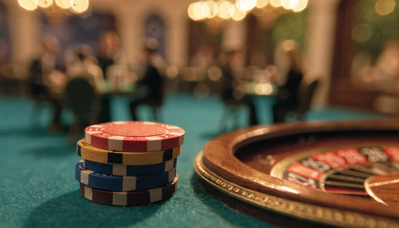 Stapel bunter Casino-Chips auf grünem Filz neben Roulette-Rad mit warmem Licht.