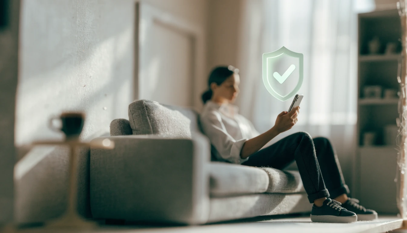 Person mit Smartphone und Sicherheitssymbol in modernem deutschen Wohnzimmer