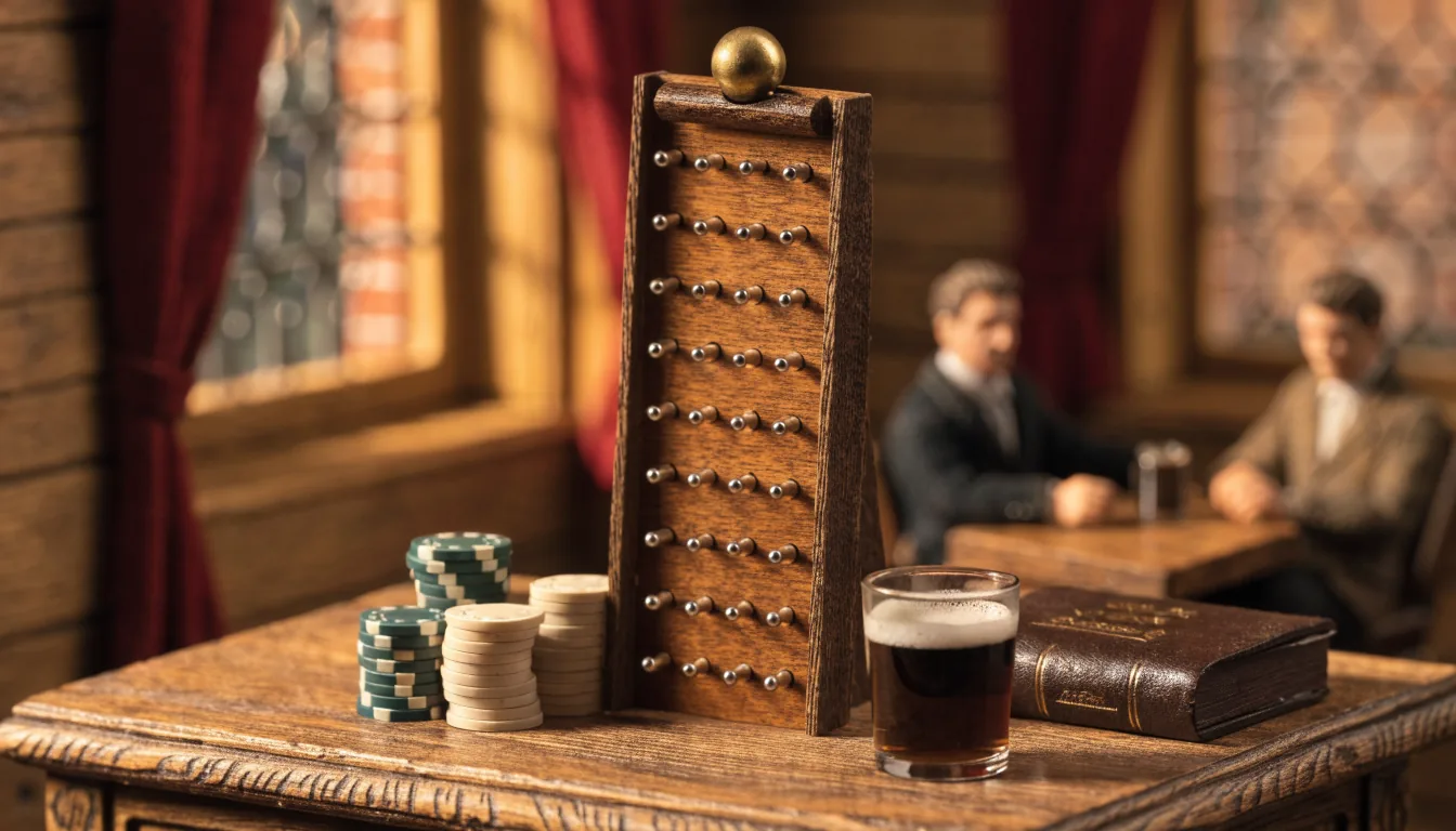 Hölzernes Plinko-Brett mit Messingkugel und Spielchips auf einem Eichentisch in warmem Innenlicht