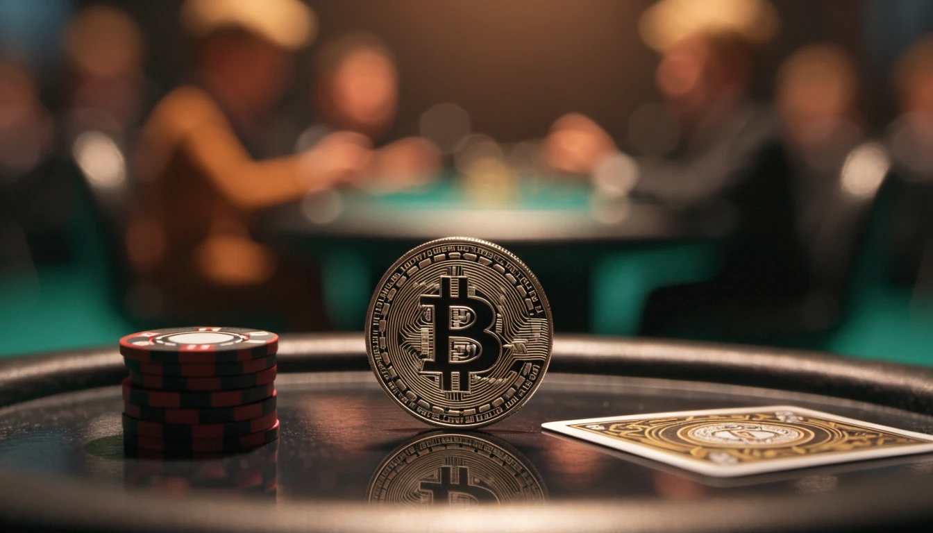 Bitcoin-Münze auf einem Casinotisch mit Chips und Spielkarte.