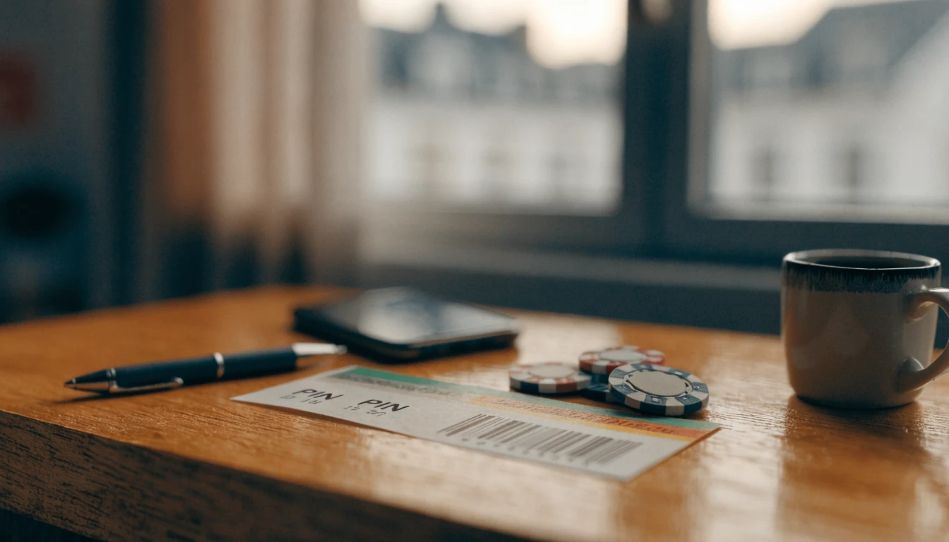 Nahaufnahme eines Schreibtisches mit Prepaid-Gutschein, Spielchips und Smartphone in einer deutschen Wohnung bei Abendlicht.