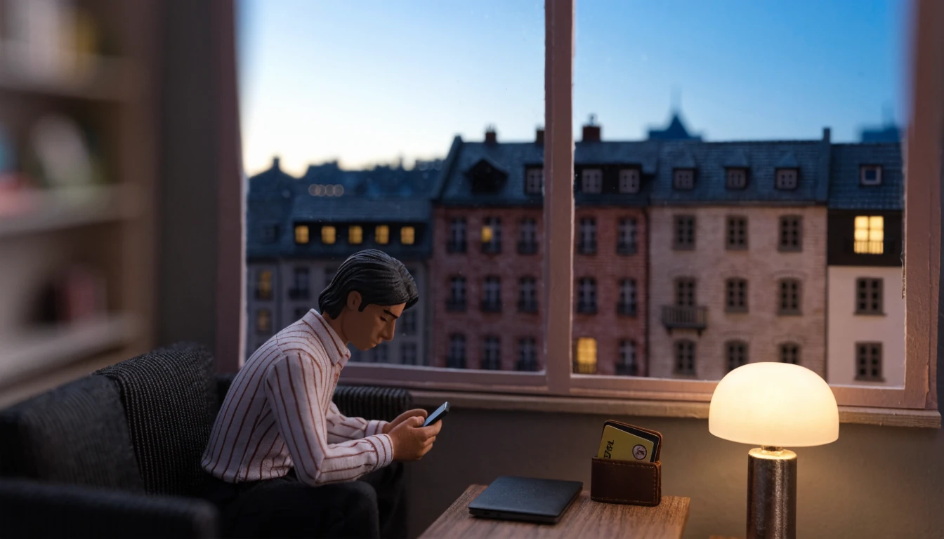 Junge Person in deutscher Wohnung mit Smartphone und Prepaid-Karte