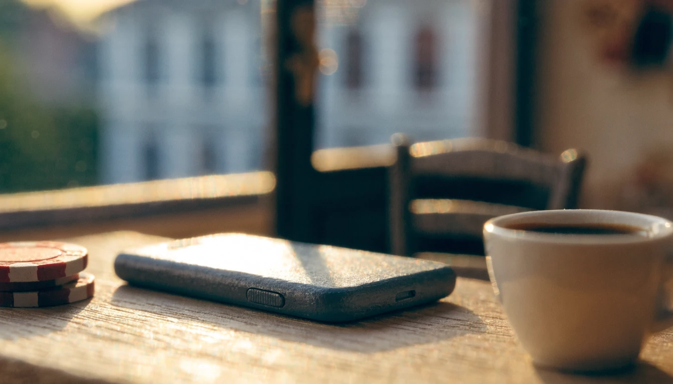 Smartphone mit Casino-Chips auf einem Tisch, moderne Wohnung, warmes Abendlicht.
