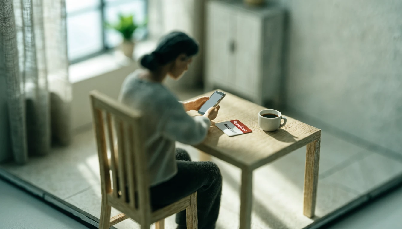 Person mit Smartphone und Revolut-Karte auf einem Tisch in einem deutschen Wohnzimmer.